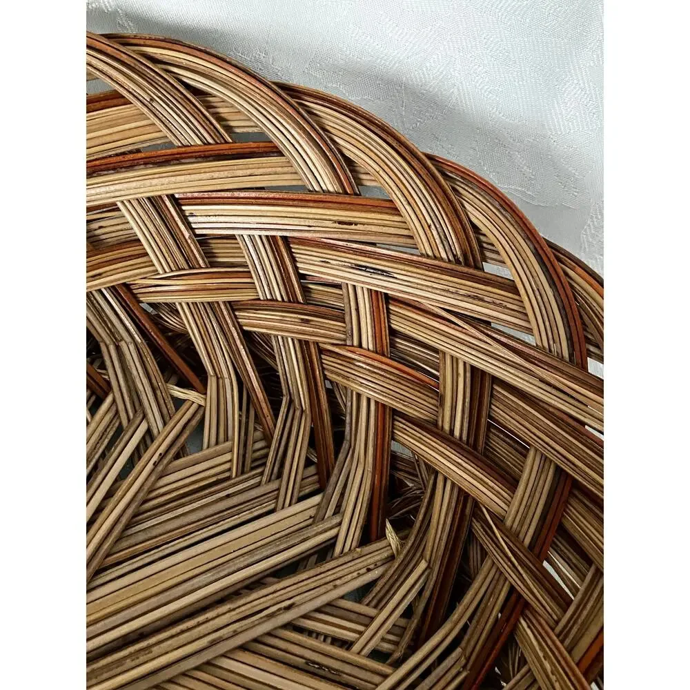 Vintage Woven Reed Bread Basket Round Handwoven Brown Tan Cream 13